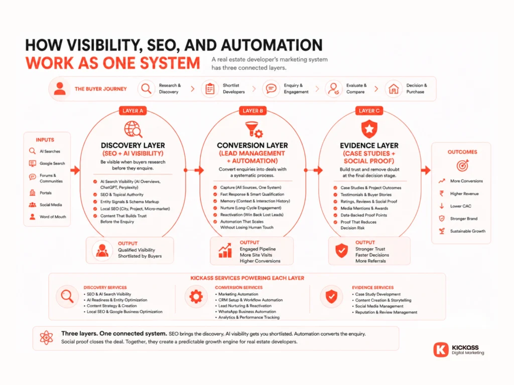 real estate marketing system showing discovery layer seo and ai visibility, conversion layer lead management and automation, and evidence layer social proof and case studies