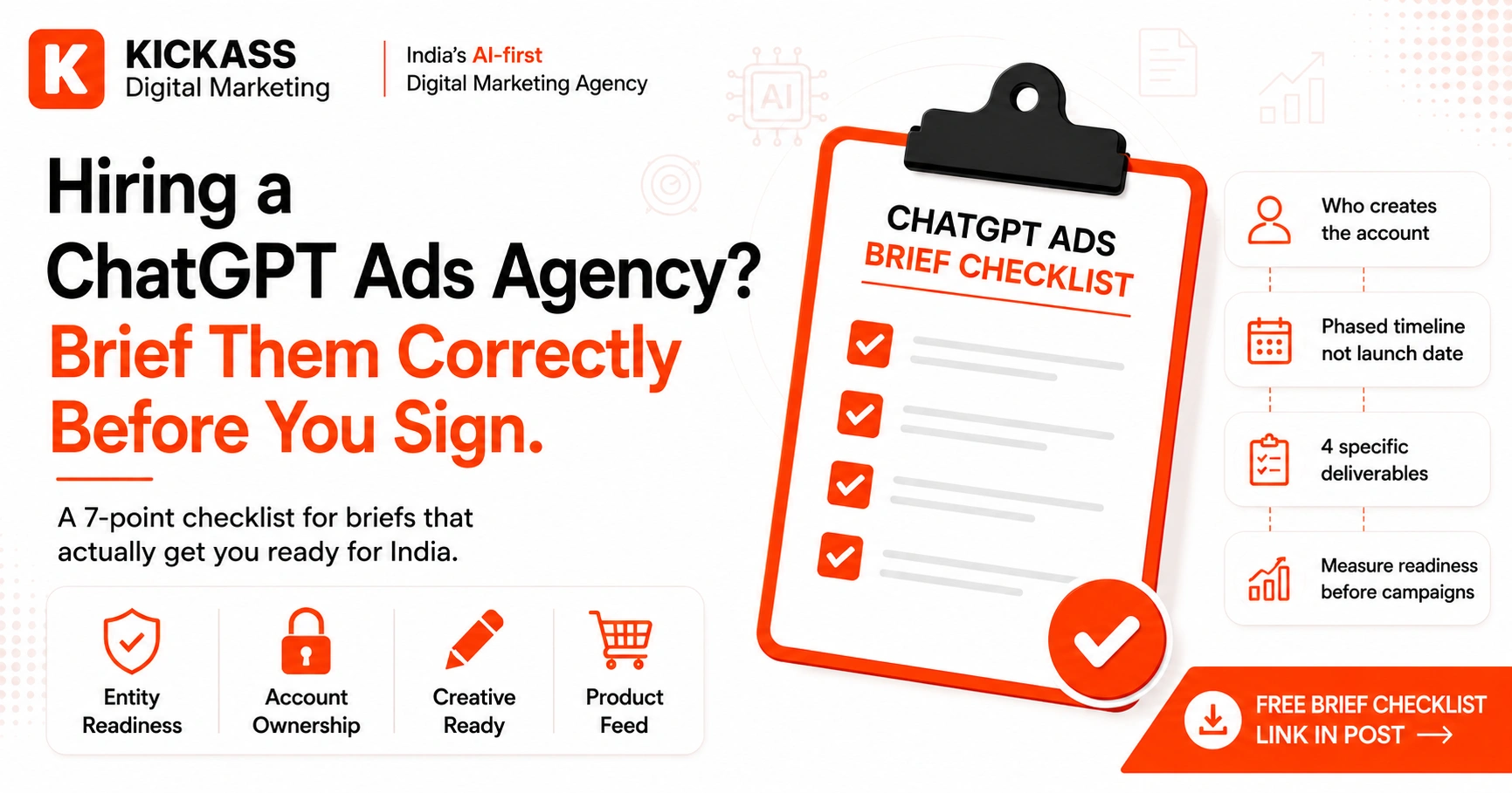 ChatGPT Ads agency brief checklist showing the correct advertiser account setup, entity readiness, phased rollout planning, and key deliverables businesses should prepare before hiring a ChatGPT Ads agency in India.