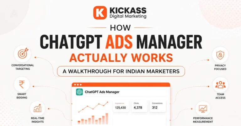 Illustration showing how ChatGPT Ads Manager works for Indian marketers, including account setup, conversational targeting, CPC bidding, privacy-focused measurement, and campaign management by KickAss Digital Marketing.