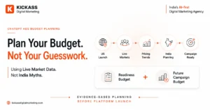 Premium Open Graph featured image illustrating ChatGPT Ads budget planning for India. The design features an elegant planning timeline from US Launch to Live Markets, Pricing Trends, India Planning and Campaign Ready, alongside a readiness framework showing Readiness Budget and Future Campaign Budget. Created in KickAss Digital Marketing's McKinsey-inspired AI-first brand style with a clean white background and subtle orange accents.