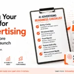 KickAss Digital Marketing graphic showing how businesses can prepare for AI advertising and ChatGPT Ads through entity clarity, structured data, trust signals, topical authority, AI visibility through GEO, and performance measurement. The visual features an AI advertising readiness checklist and highlights the need to become recommendation-ready before ChatGPT Ads launch in India.