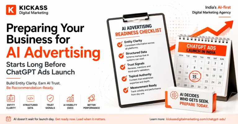 KickAss Digital Marketing graphic showing how businesses can prepare for AI advertising and ChatGPT Ads through entity clarity, structured data, trust signals, topical authority, AI visibility through GEO, and performance measurement. The visual features an AI advertising readiness checklist and highlights the need to become recommendation-ready before ChatGPT Ads launch in India.