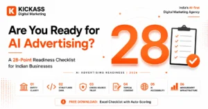 AI advertising readiness checklist for Indian businesses showing a 28-point framework across entity clarity, structured data, cross-source trust, topical content, AI accessibility, and measurement infrastructure, designed to help businesses prepare for AI advertising and improve AI visibility before ChatGPT Ads expands to India.
