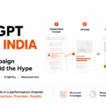 ChatGPT Ads in India practitioner guide showing the campaign path from conversation context to ad card, landing page and conversion, covering creative, targeting, budget, eligibility and measurement for Indian advertisers.
