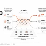 SEO vs GEO vs AEO comparison showing their shared search foundation, overlapping capabilities and different visibility outcomes across ranking, answers, citations and AI recommendations